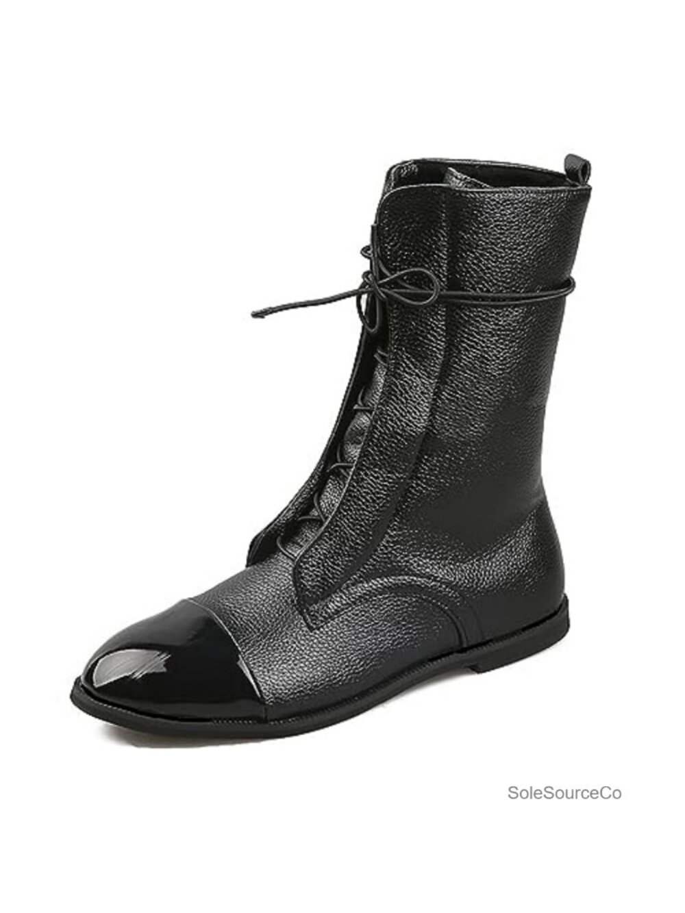 Women's Synthetic Leather Mid Calf Lace Up Flat Boots Hand Stitching Non Slip